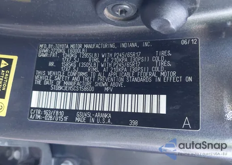 2012 Toyota Highlander Base V6 из США, поврежденный, VIN 5TDBK3EH5CS158600